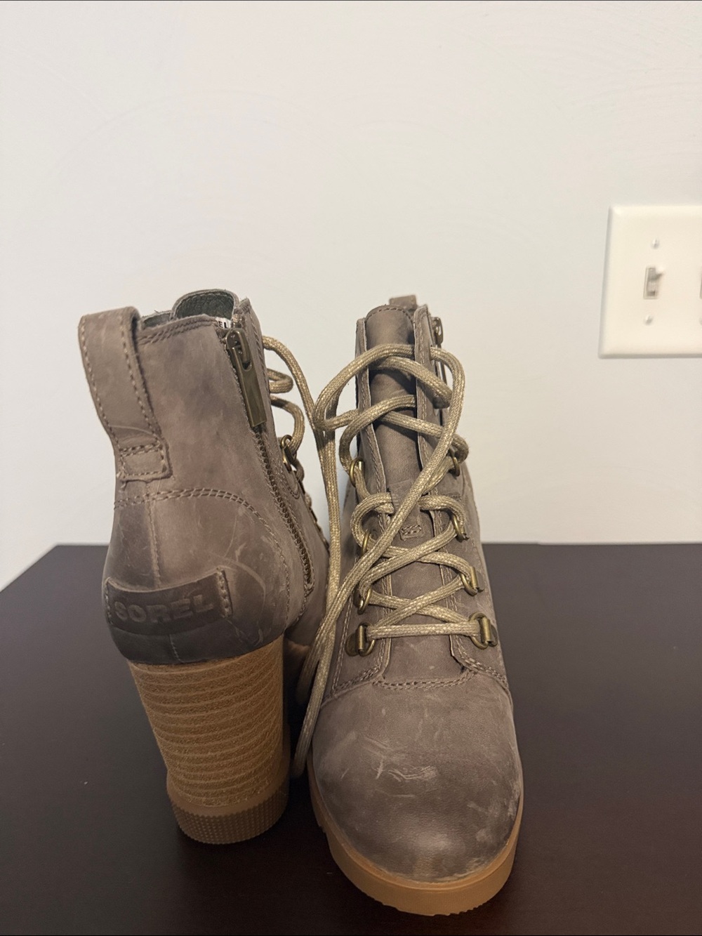 Sorel Taupe Lace-Up Block Heel Ankle Boots